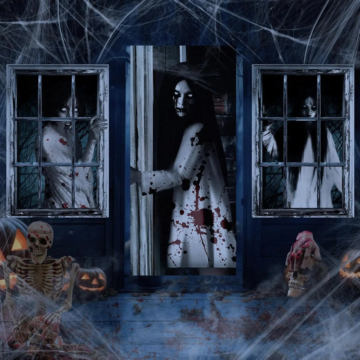 3 Pcs Halloween Window Door Female Ghost Covers Set Halloween Scary Ghost Window Curtain and Door Cover Spooky Window Silhouette