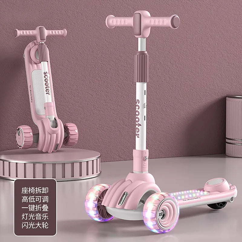 Children's Scooter Can Sit, Ride and Slide Three-in-One Foldable Scooter for Boys and Girls Kick Foot Scooter