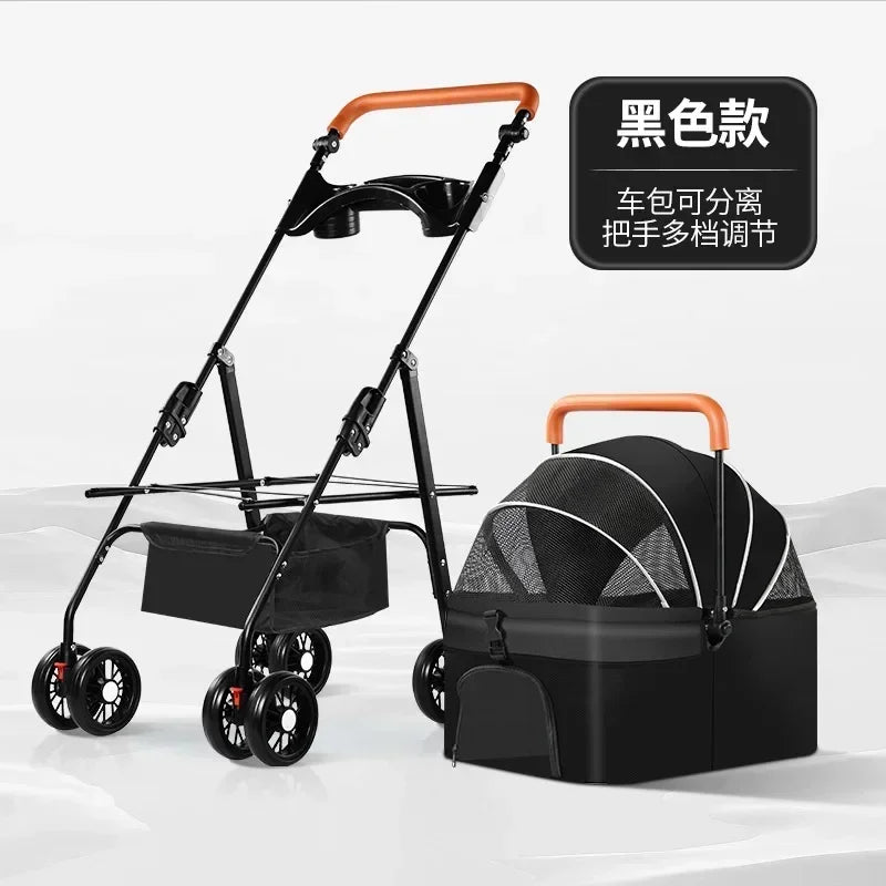 Lightweight Pet Stroller - Detachable hand carry, Breathable, with shopping basket