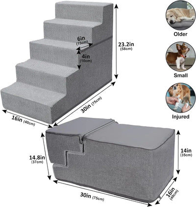 Nonslip High Density Foam Dog Ladders Indoor Home Couch Sofa High Bed Pet Stairs Folding 5-Grades Dog Steps with Removable Cover