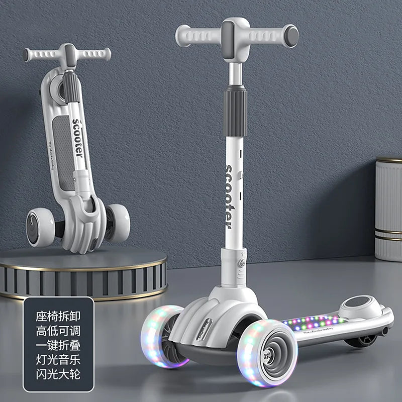 Children's Scooter Can Sit, Ride and Slide Three-in-One Foldable Scooter for Boys and Girls Kick Foot Scooter