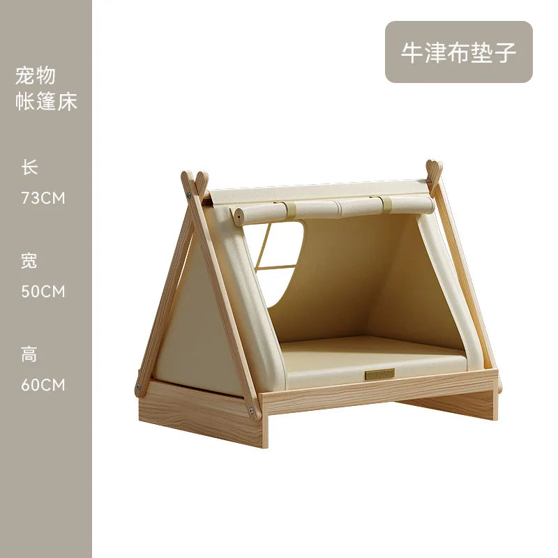 Wooden Oxford Cloth Dog Bed Elevated Moisture-Proof Tent Enclosed Safety House All-Season Dog Shelter with Frame Support