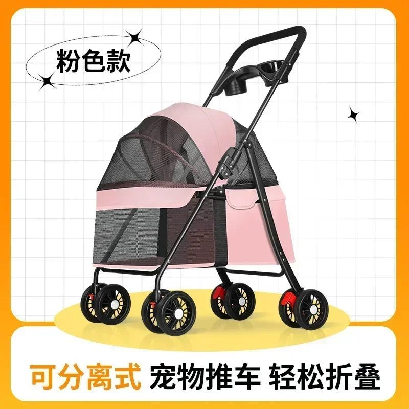 Lightweight Pet Stroller - Detachable hand carry, Breathable, with shopping basket