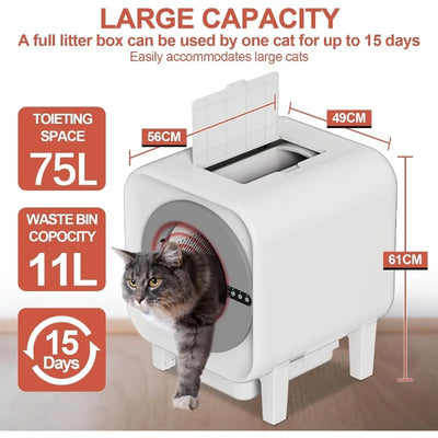 Self-Cleaning Cat Litter Box, 75L XL Capacity(48x55x61cm), WiFi APP Control, Odorless Automatic Cat Toilet with Garage Bags