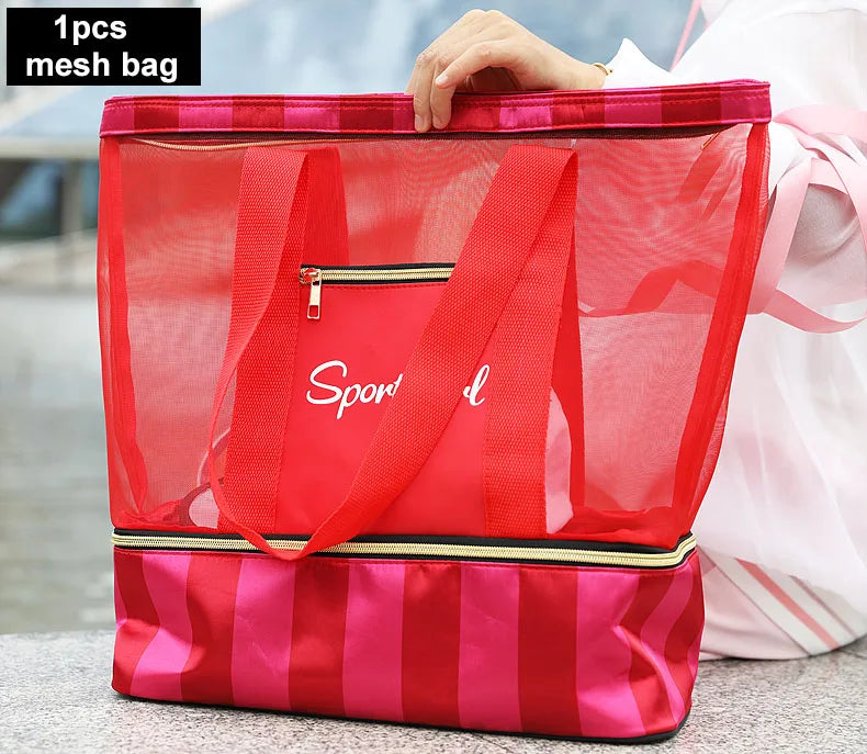 Women Swimming Bag Clear Mesh Bags Handbags Wet Dry Net Pool Beach Pouch Sac De Sport Striped Transparent Shoulder Bag XA387WA