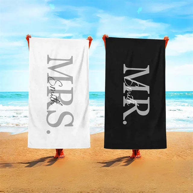 Custom Name Beach Towel Mr & Mrs Beach Towel Honeymoon Gift 2 piece of Lovers Summer Vibes Wedding Gift Personalized Beach Towel