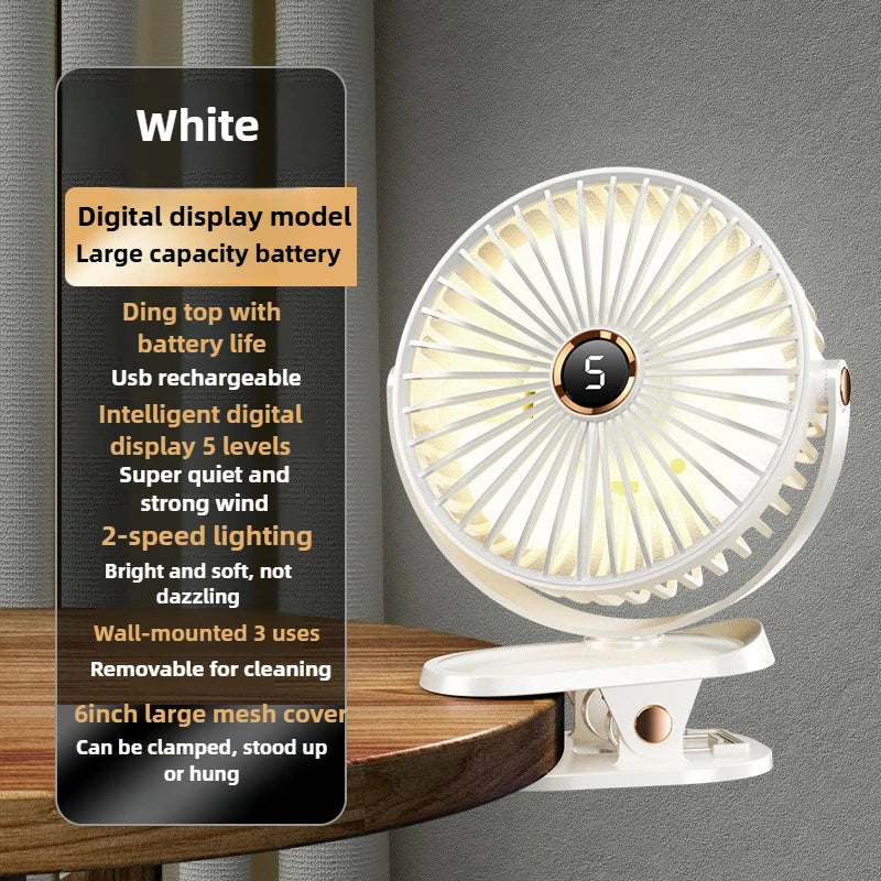 1800mAh Clip Electric Fan 5 Speed Quiet Rechargeable Desktop Portable Air Circulator Wireless Fan with LED Light Camping Fans