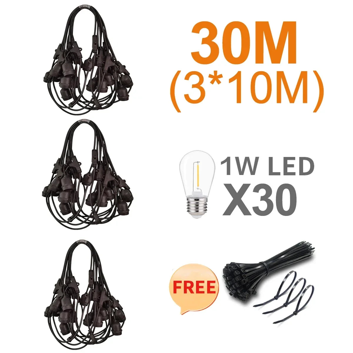 30m Outdoor Festoon LED Fairy Lights Warm White E27 S14 Retro filament Bulb Waterproof Christmas Lights Garland Decoration