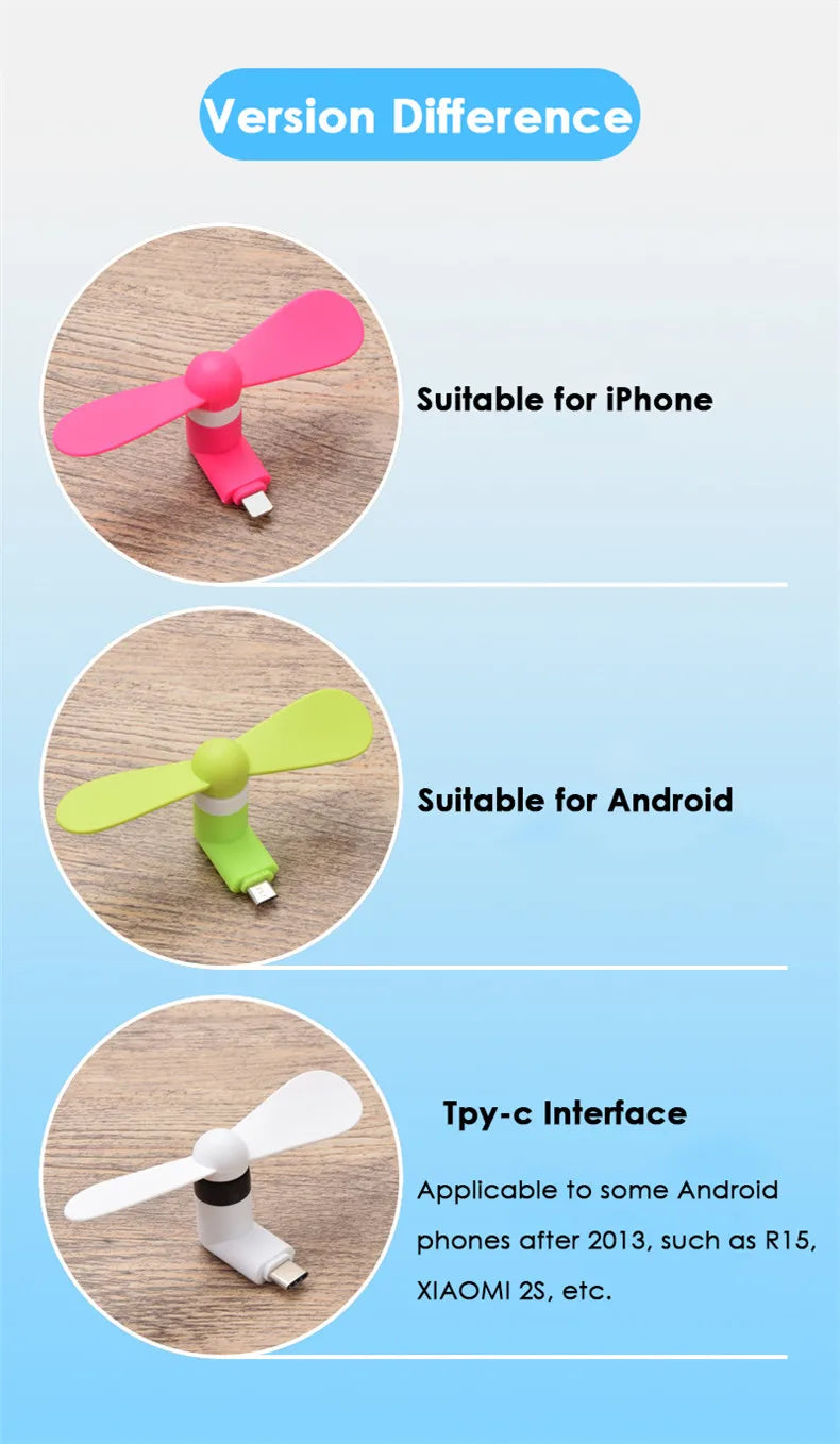Mini USB Fan DC5V Portable Summer Cooling Fan Multifunctional Fan For iPhone Samsung HuaWei Mobiles Android Type-C Universal