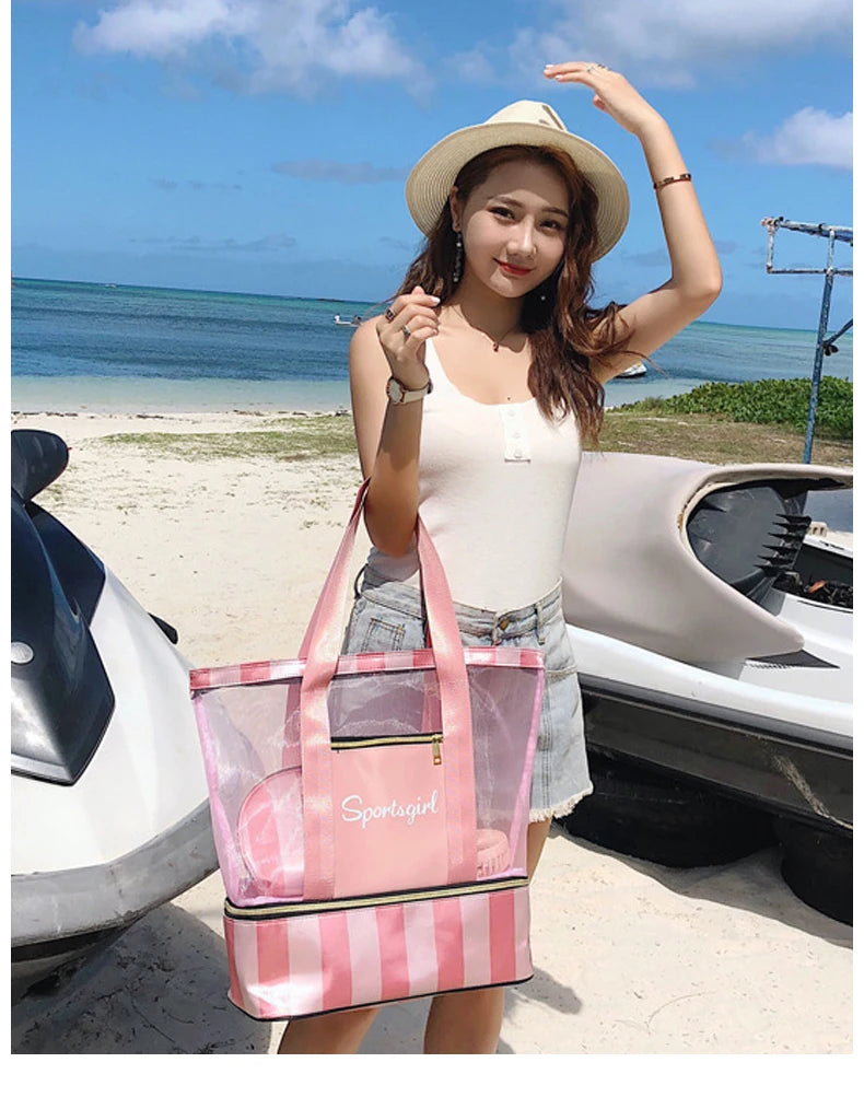 Women Swimming Bag Clear Mesh Bags Handbags Wet Dry Net Pool Beach Pouch Sac De Sport Striped Transparent Shoulder Bag XA387WA