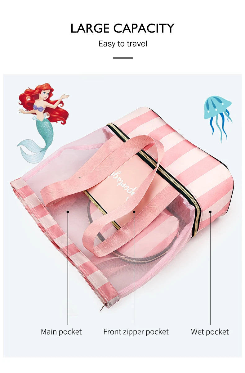 Women Swimming Bag Clear Mesh Bags Handbags Wet Dry Net Pool Beach Pouch Sac De Sport Striped Transparent Shoulder Bag XA387WA