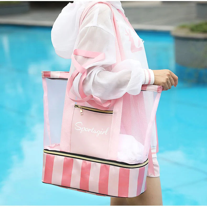 Women Swimming Bag Clear Mesh Bags Handbags Wet Dry Net Pool Beach Pouch Sac De Sport Striped Transparent Shoulder Bag XA387WA