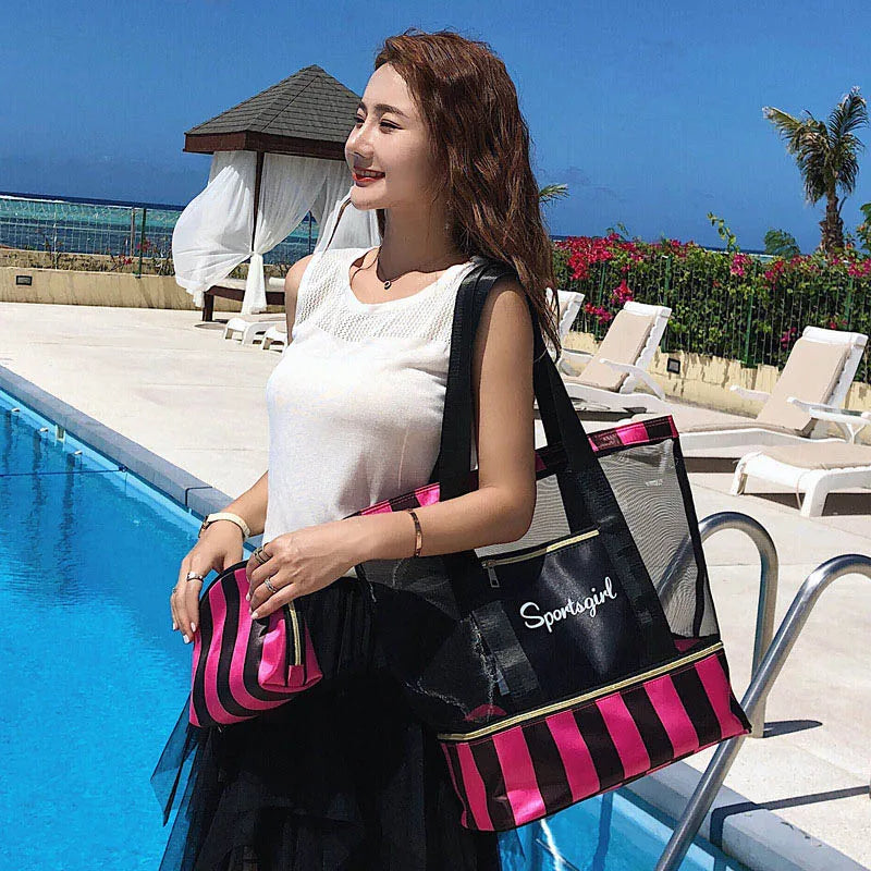 Women Swimming Bag Clear Mesh Bags Handbags Wet Dry Net Pool Beach Pouch Sac De Sport Striped Transparent Shoulder Bag XA387WA