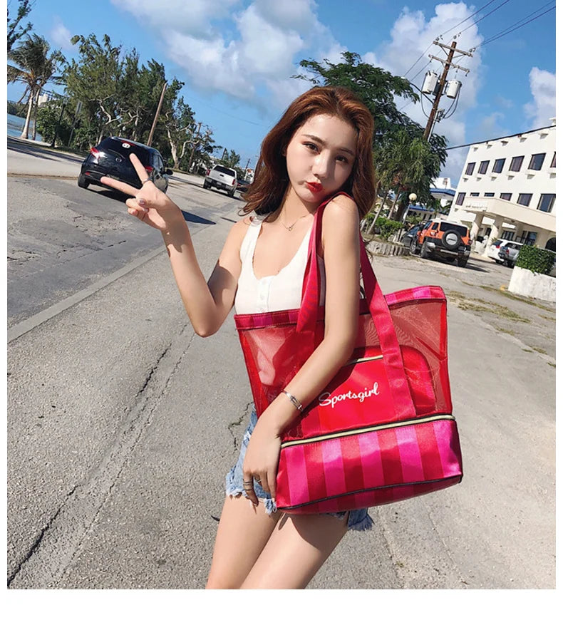 Women Swimming Bag Clear Mesh Bags Handbags Wet Dry Net Pool Beach Pouch Sac De Sport Striped Transparent Shoulder Bag XA387WA