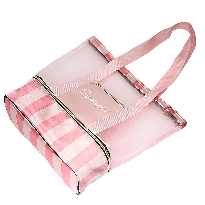 Women Swimming Bag Clear Mesh Bags Handbags Wet Dry Net Pool Beach Pouch Sac De Sport Striped Transparent Shoulder Bag XA387WA
