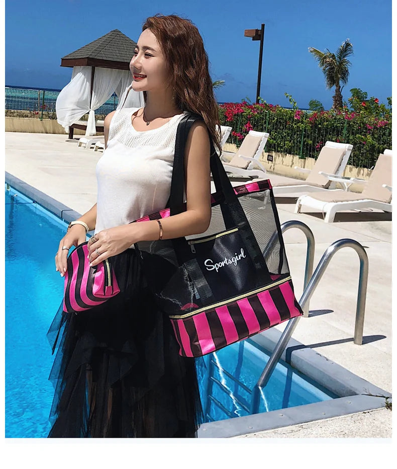 Women Swimming Bag Clear Mesh Bags Handbags Wet Dry Net Pool Beach Pouch Sac De Sport Striped Transparent Shoulder Bag XA387WA