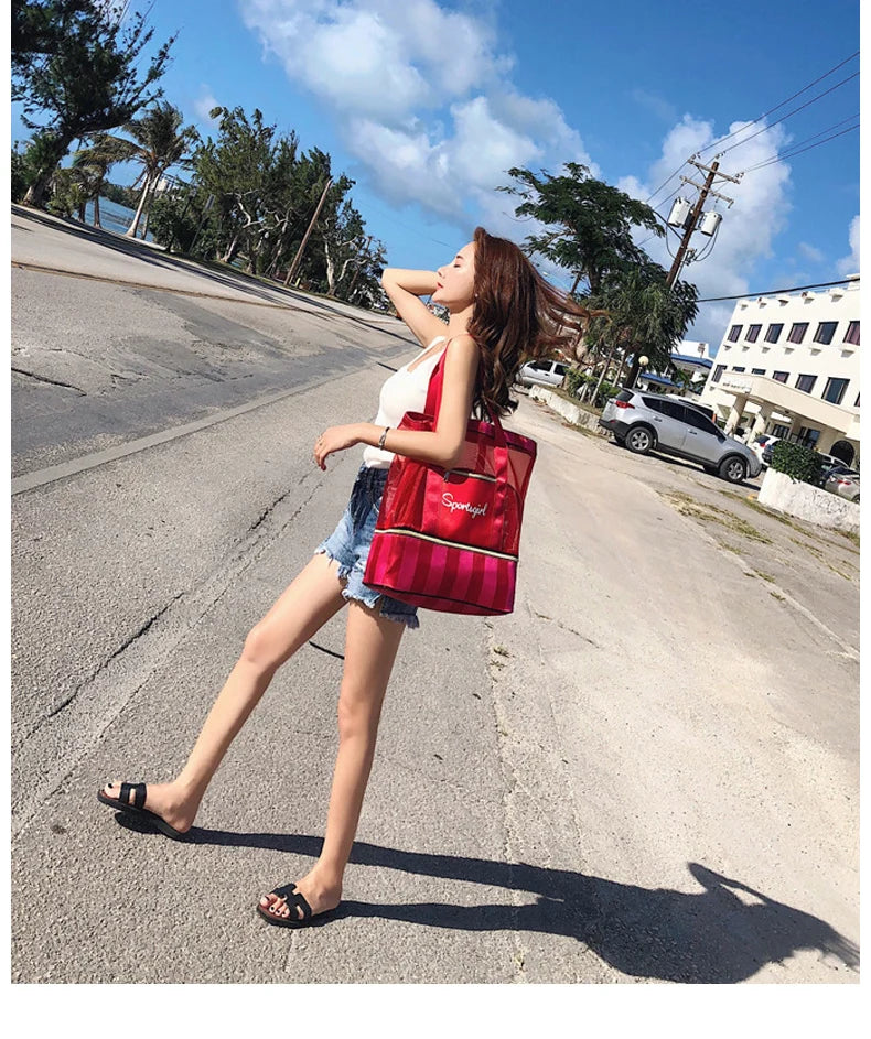 Women Swimming Bag Clear Mesh Bags Handbags Wet Dry Net Pool Beach Pouch Sac De Sport Striped Transparent Shoulder Bag XA387WA