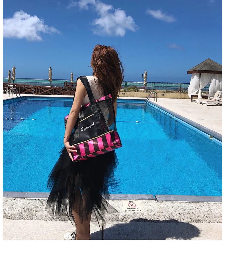 Women Swimming Bag Clear Mesh Bags Handbags Wet Dry Net Pool Beach Pouch Sac De Sport Striped Transparent Shoulder Bag XA387WA