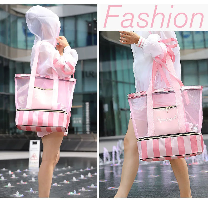 Women Swimming Bag Clear Mesh Bags Handbags Wet Dry Net Pool Beach Pouch Sac De Sport Striped Transparent Shoulder Bag XA387WA