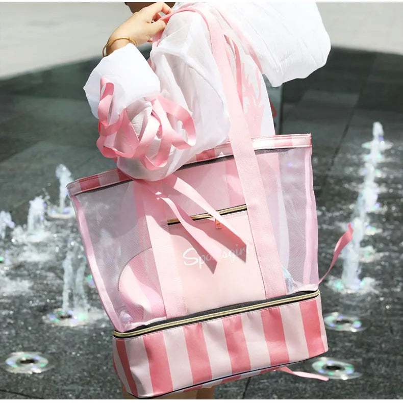 Women Swimming Bag Clear Mesh Bags Handbags Wet Dry Net Pool Beach Pouch Sac De Sport Striped Transparent Shoulder Bag XA387WA
