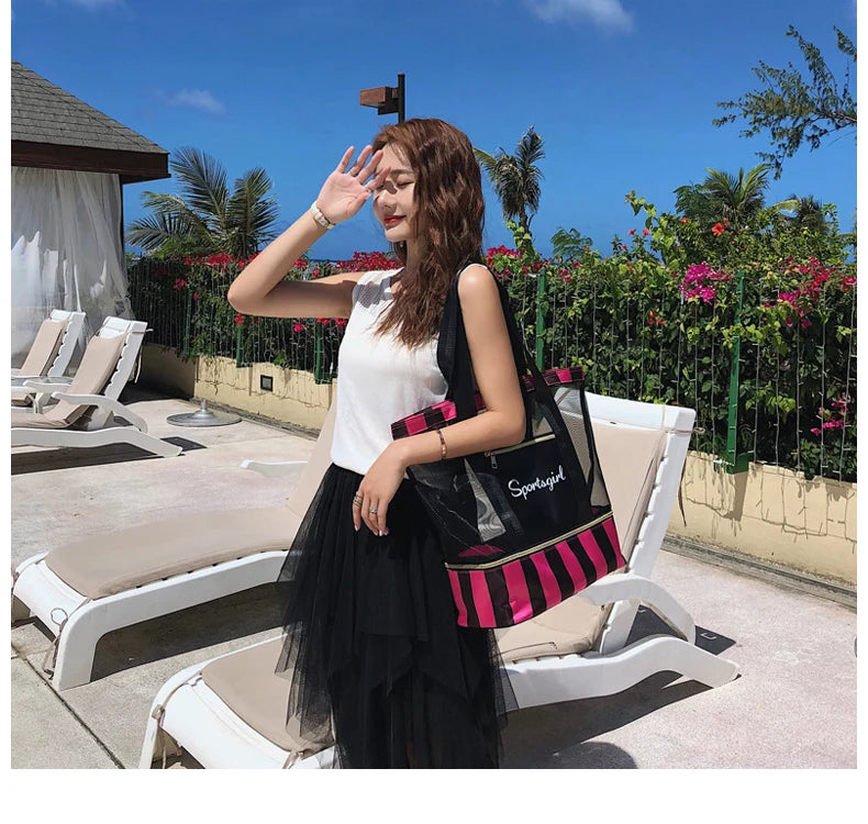 Women Swimming Bag Clear Mesh Bags Handbags Wet Dry Net Pool Beach Pouch Sac De Sport Striped Transparent Shoulder Bag XA387WA