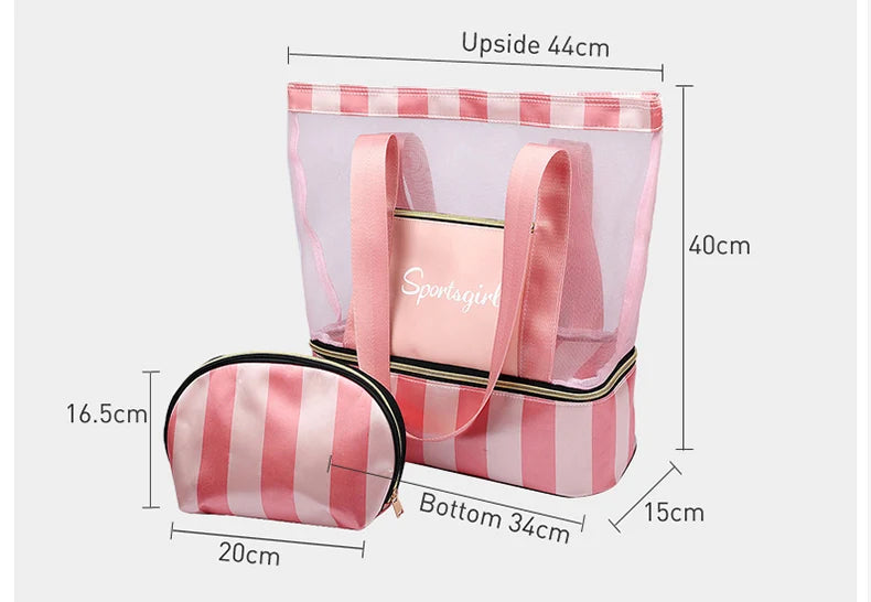 Women Swimming Bag Clear Mesh Bags Handbags Wet Dry Net Pool Beach Pouch Sac De Sport Striped Transparent Shoulder Bag XA387WA
