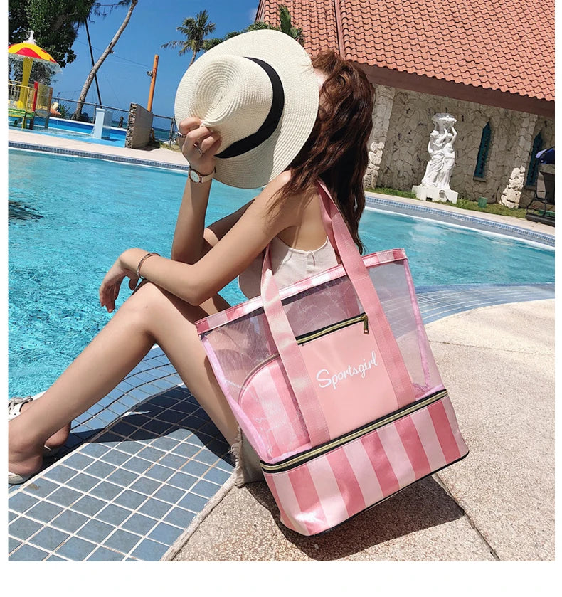 Women Swimming Bag Clear Mesh Bags Handbags Wet Dry Net Pool Beach Pouch Sac De Sport Striped Transparent Shoulder Bag XA387WA
