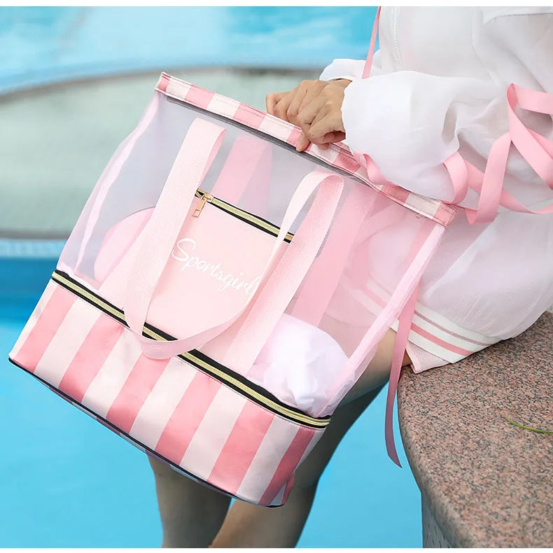 Women Swimming Bag Clear Mesh Bags Handbags Wet Dry Net Pool Beach Pouch Sac De Sport Striped Transparent Shoulder Bag XA387WA