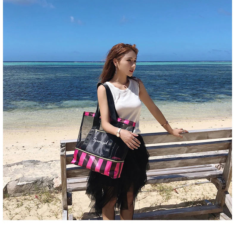 Women Swimming Bag Clear Mesh Bags Handbags Wet Dry Net Pool Beach Pouch Sac De Sport Striped Transparent Shoulder Bag XA387WA