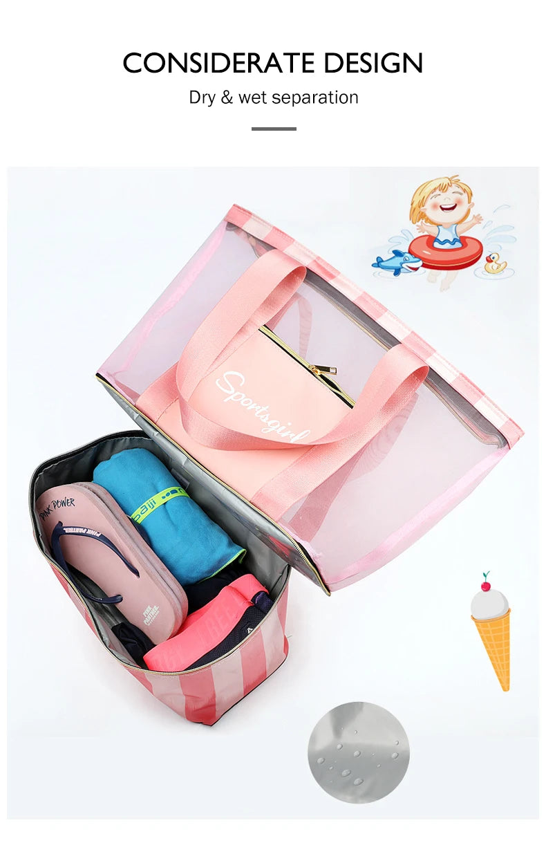 Women Swimming Bag Clear Mesh Bags Handbags Wet Dry Net Pool Beach Pouch Sac De Sport Striped Transparent Shoulder Bag XA387WA