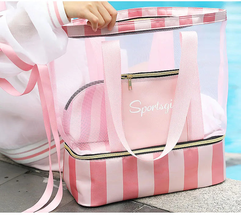 Women Swimming Bag Clear Mesh Bags Handbags Wet Dry Net Pool Beach Pouch Sac De Sport Striped Transparent Shoulder Bag XA387WA