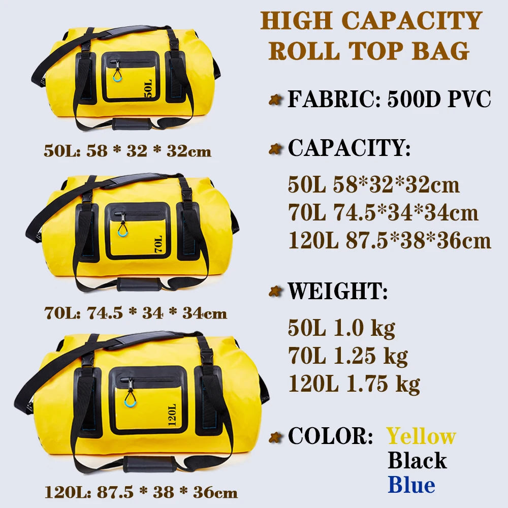 50L 70L 120L Outdoor Waterproof Dry Bag Water Sports Handle Packing Beach Swimming Luggage Camping Motocycle Game