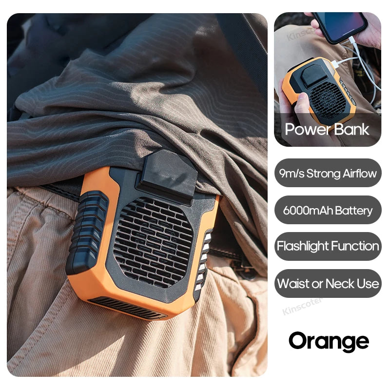 KINSCOTER Portable Outdoor Waist Fan 8000mAh LED Lighting Multifunctional Neck Fan with Power Bank for Camping Hiking Climbing