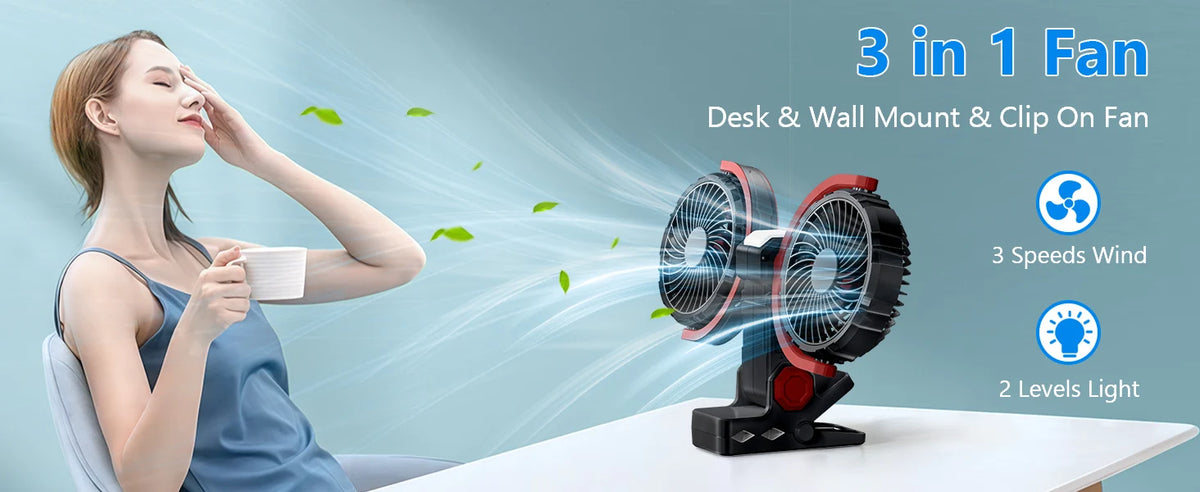 Eary Summer Clip Dual Head Fan 4000mAh 3 Wind Speeds 2 Light Modes USB Rechargeable With 360° Rotatable Desktop Air Cooling Fan