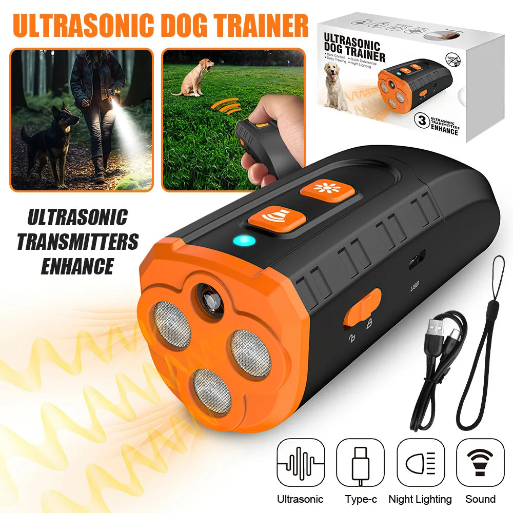 Pet Dog Repeller Rechargeable Ultrasonic Dog Training Tool Anti Bark Deterrent Device Stop-Barking Trainer with LED Flashlight