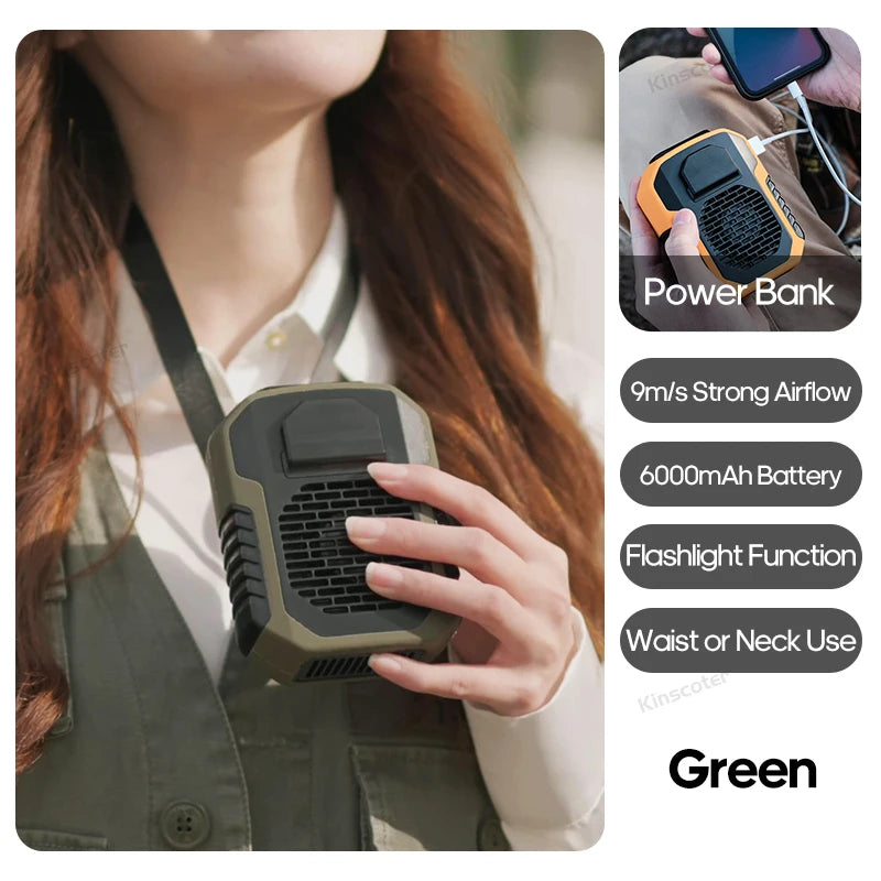 KINSCOTER Portable Outdoor Waist Fan 8000mAh LED Lighting Multifunctional Neck Fan with Power Bank for Camping Hiking Climbing