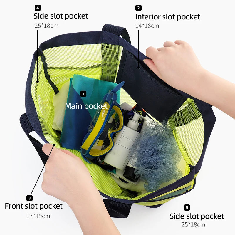 Quick Dry Beach Swimming Shoulder Bag Large Capacity Mesh Wash Bag Multiple Pockets Summer Drawstring Bathing Washing Handbag