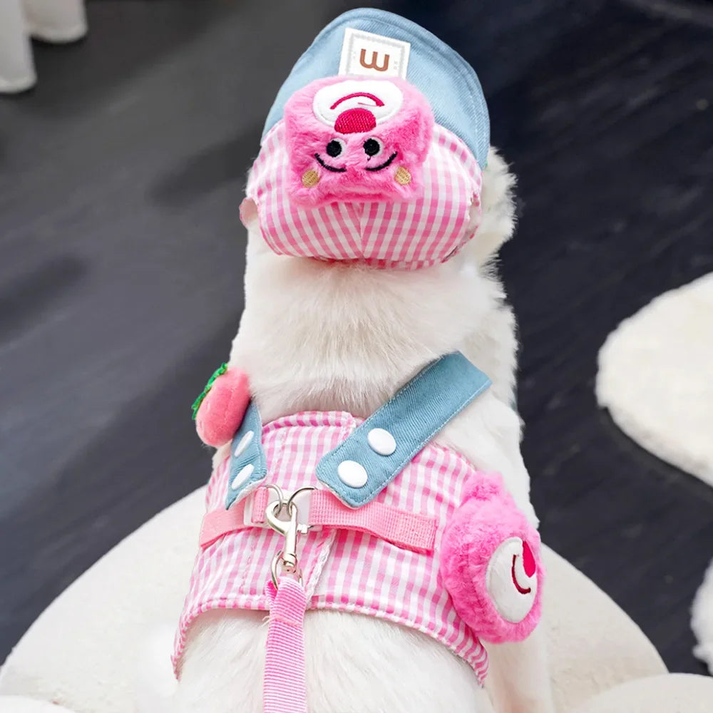 Cartoon Pet Harness Leash Sun Hat Set Cute Kitten Puppy Costume Cat Small Dogs Vest Harness Rope Cap 3pcs Outdoor Pet Supplies