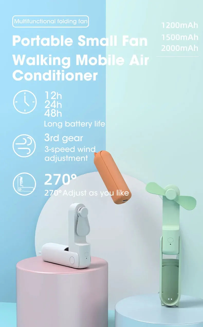 2000mAh Power Bank 3 Gears Portable Fan Super Mini Handheld Fan USB Rechargeable Fan Foldable Hand Held Small Pocket Fan