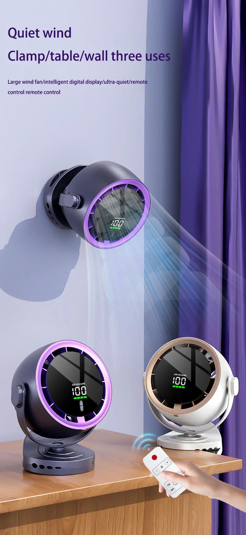 Xiaomi Digital Display Fan Desktop Remote Control 720°Rotation Type-C Rechargeable Electric Fans Portable Wall Hanging With Clip