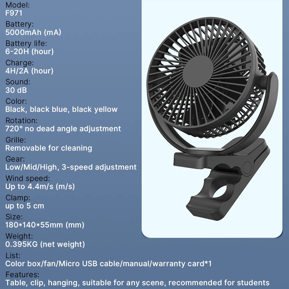 5inch/8inch Rechargeable Battery Operated Clip on Fan, USB & Type-C Charging, 4 Speeds Adjustable Portable Desktop Fan