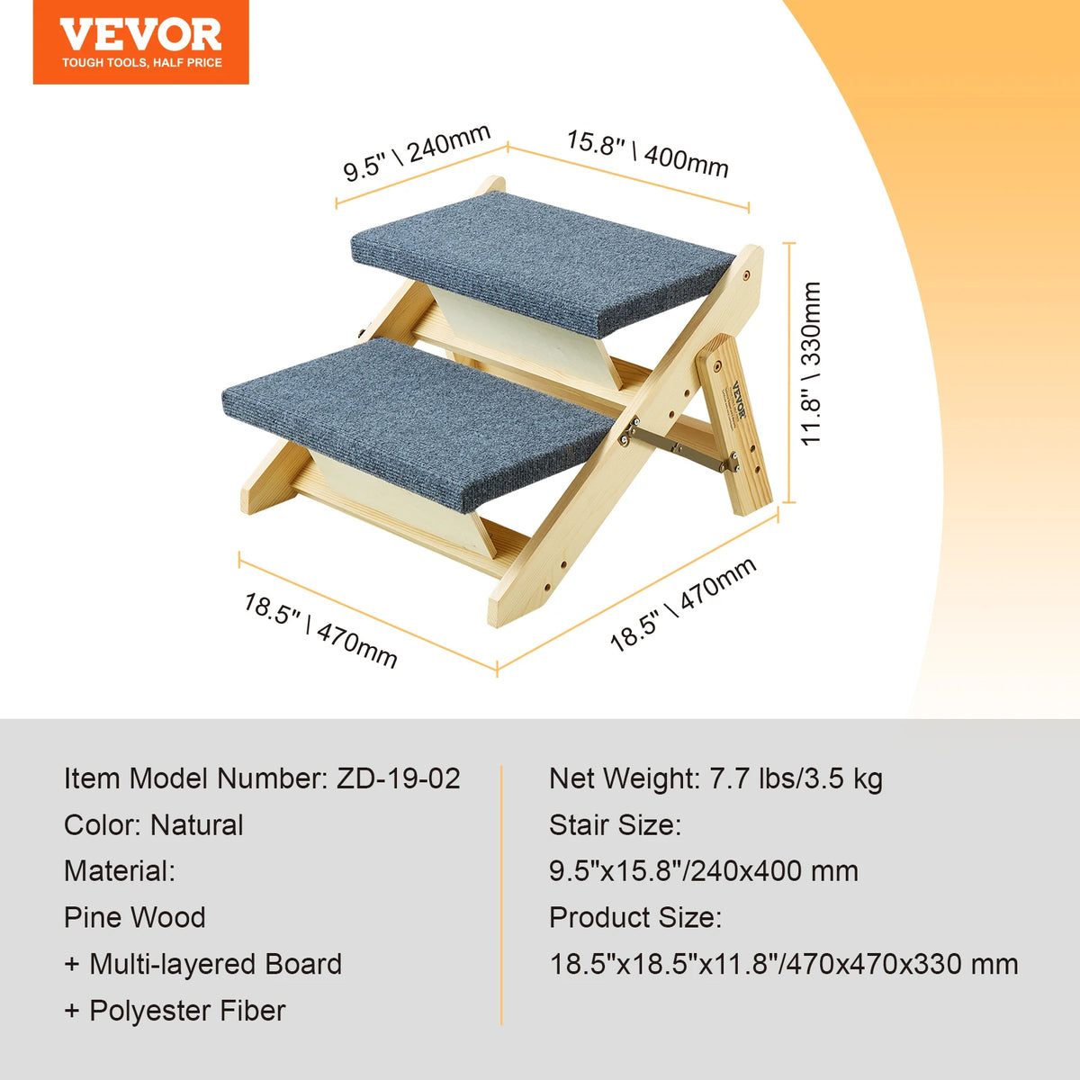 VEVOR Wooden Pet Steps and Ramp Combo 2-in-1 Design Foldable Access for Beds Steps Structure for Pets of Small to Large Size
