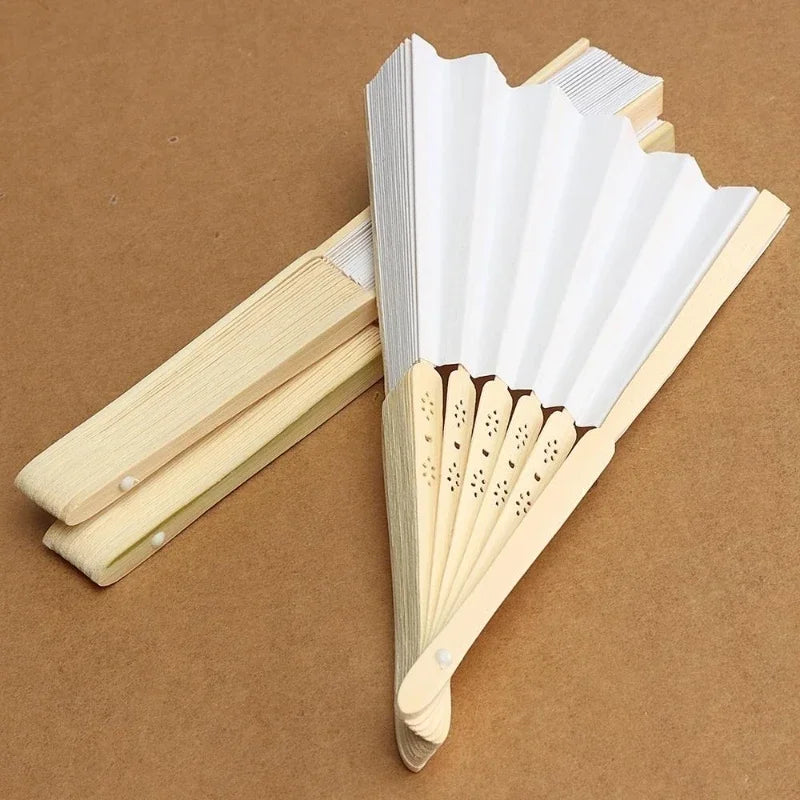 Hand Held Paper Fans White Silk Bamboo Folding Fans Handheld Folded Fan for Wedding Party DIY Decoration