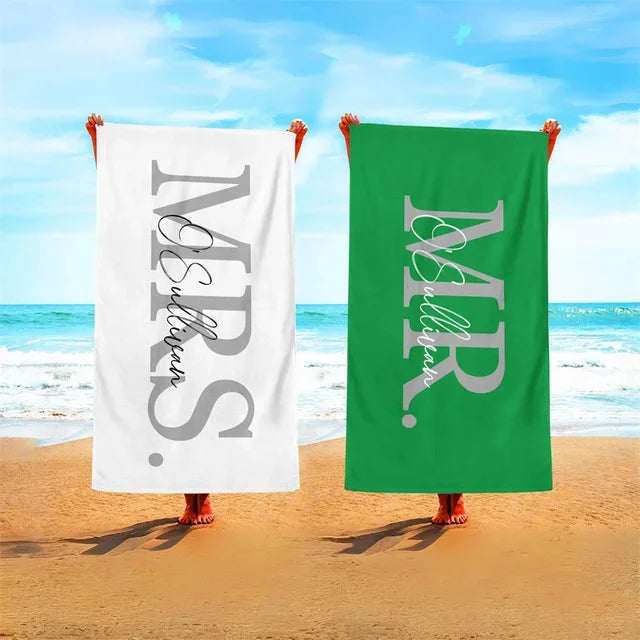 Custom Name Beach Towel Mr & Mrs Beach Towel Honeymoon Gift 2 piece of Lovers Summer Vibes Wedding Gift Personalized Beach Towel