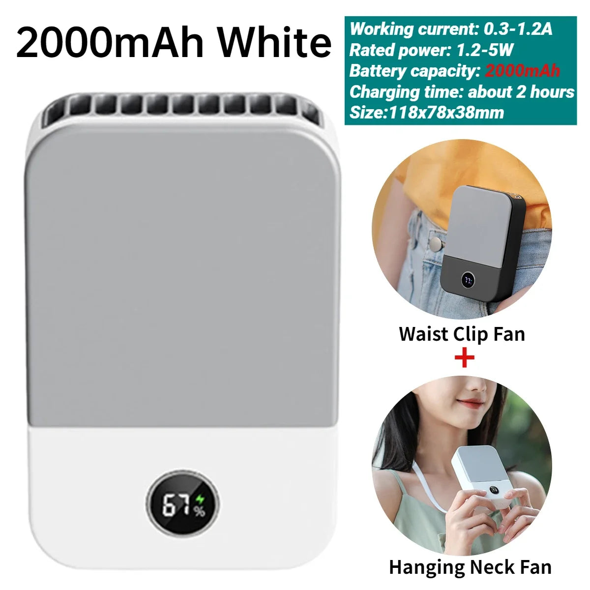 Portable USB Rechargeable 3 Speed Mute Personal  Waist Clip on  Summer Air Cooler Mini Digital Display Hanging Neck Fan