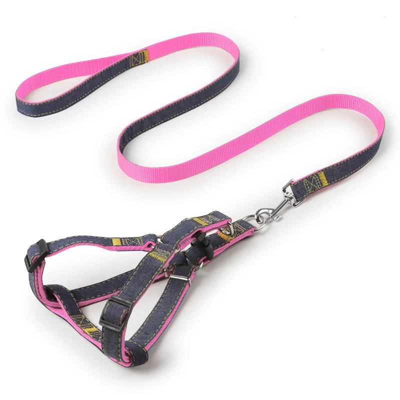 Dog Leash Harness Adjustable Collar Set Denim Pet Lead Vest for Small Medium Large Dogs Pet Cat Lead for Walking Training