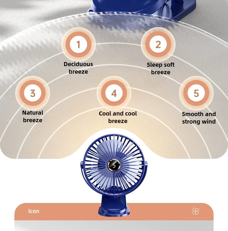 1800mAh Clip Electric Fan 5 Speed Quiet Rechargeable Desktop Portable Air Circulator Wireless Fan with LED Light Camping Fans