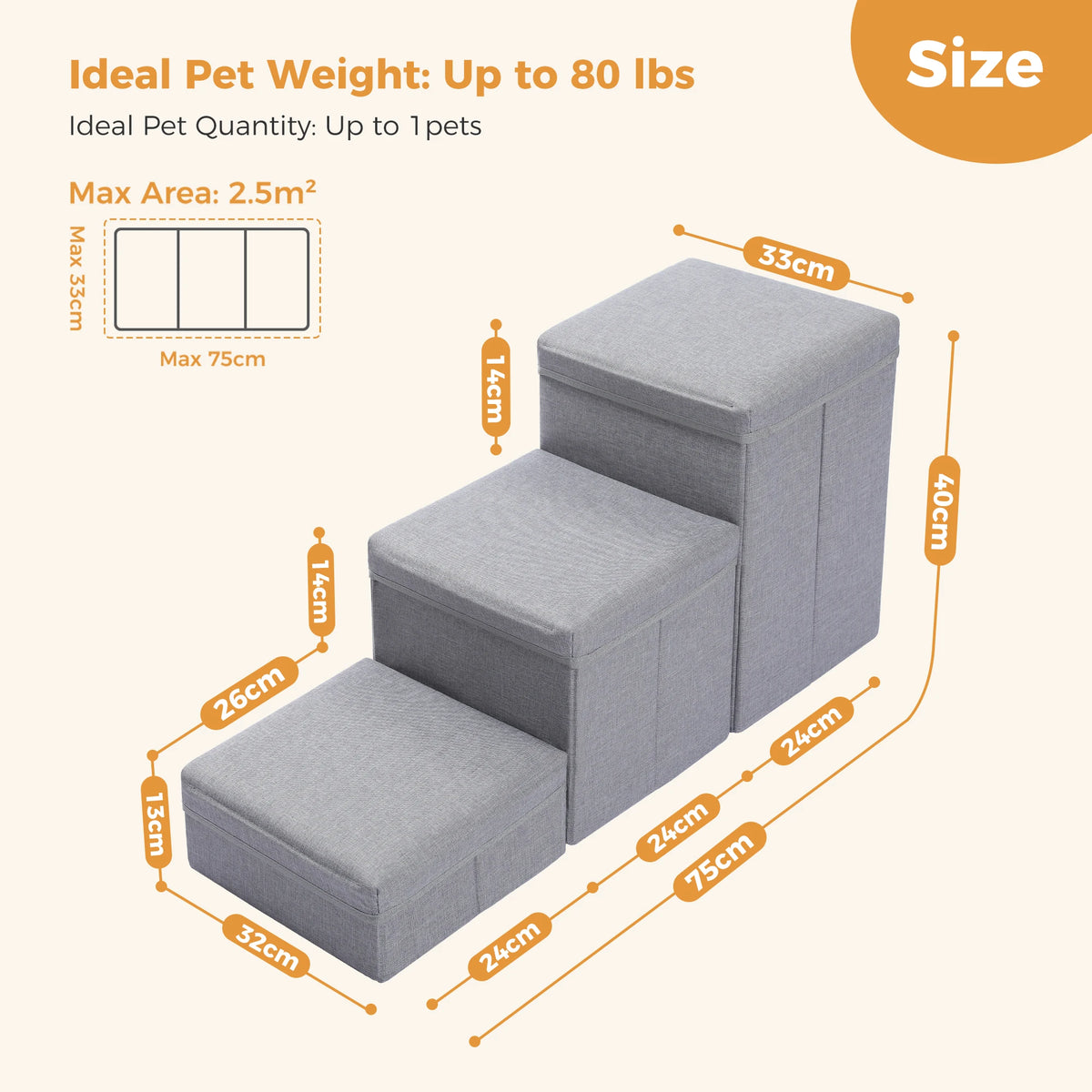 3-Tier Dog Stairs Foldable Pet Stair with Storage Box Adjustable Height Dog Steps for Small Old Dog Cat Non-Slip Pet Ramp Indoor
