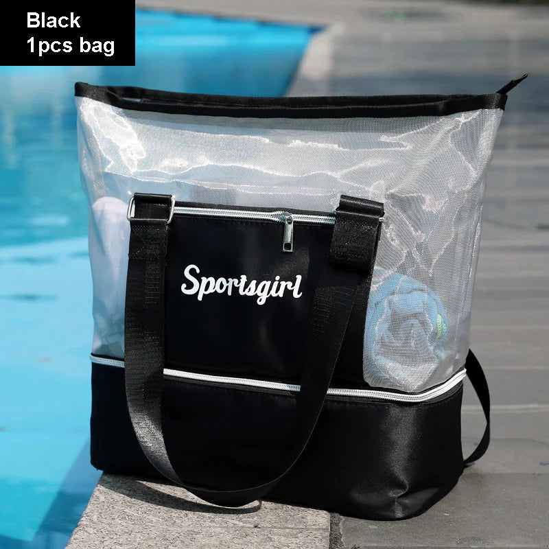 Women Swimming Bag Clear Mesh Bags Handbags Wet Dry Net Pool Beach Pouch Sac De Sport Striped Transparent Shoulder Bag XA387WA