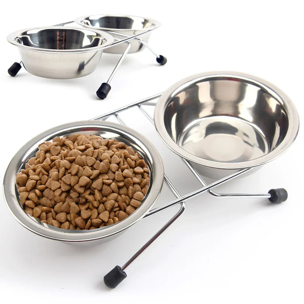 Double Stainless Steel Pet Bowls with Iron Stand - Anti-Slip Puppy Feeder